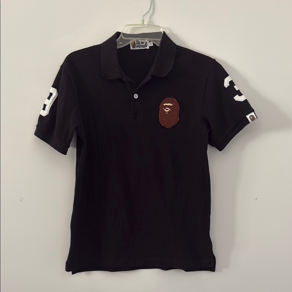 Bape Black Polo Shirt with Logo and Number Patches. Size M
